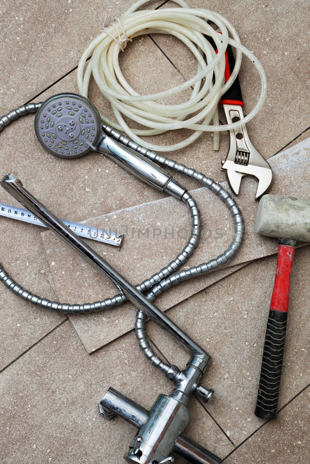 different tools for repair in the bathroom