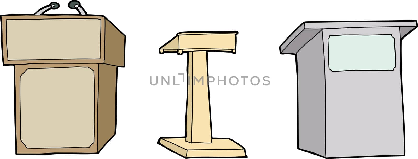 Three isolated lecture stands over white background