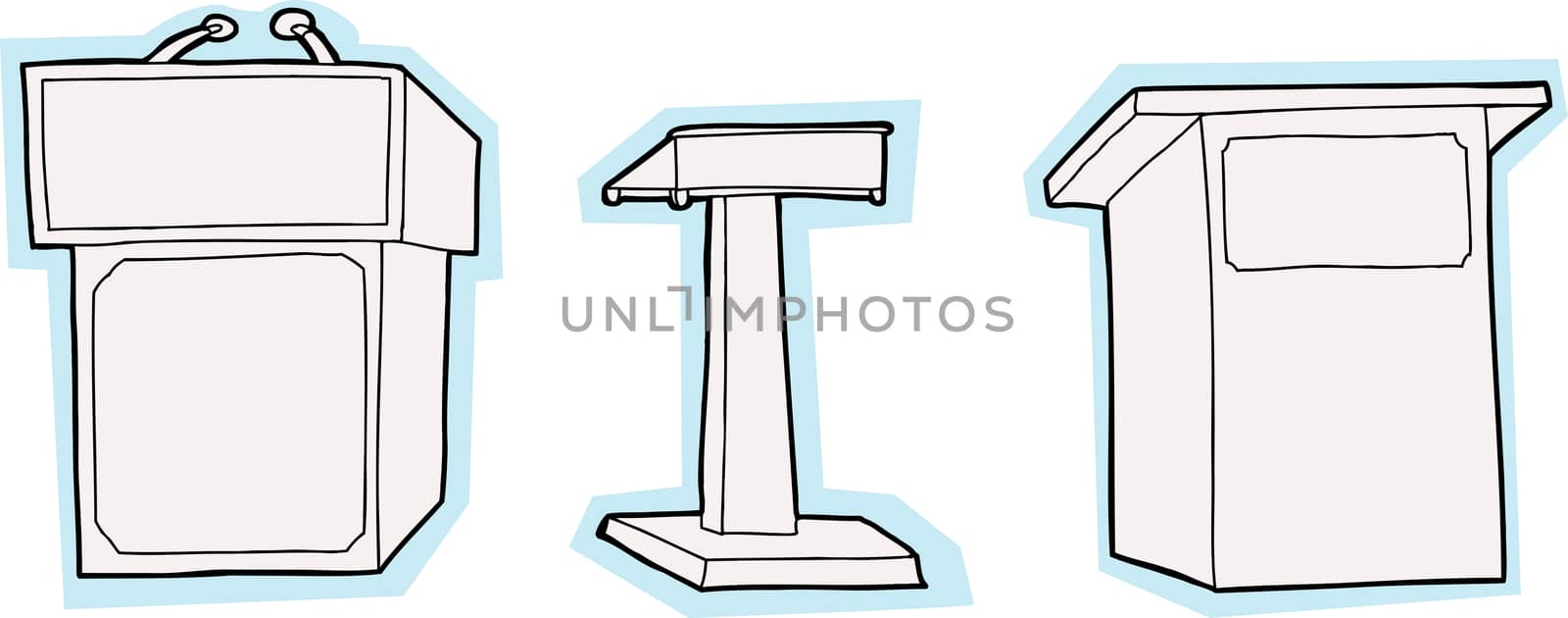 Three cartoon lecture stands with blue edges