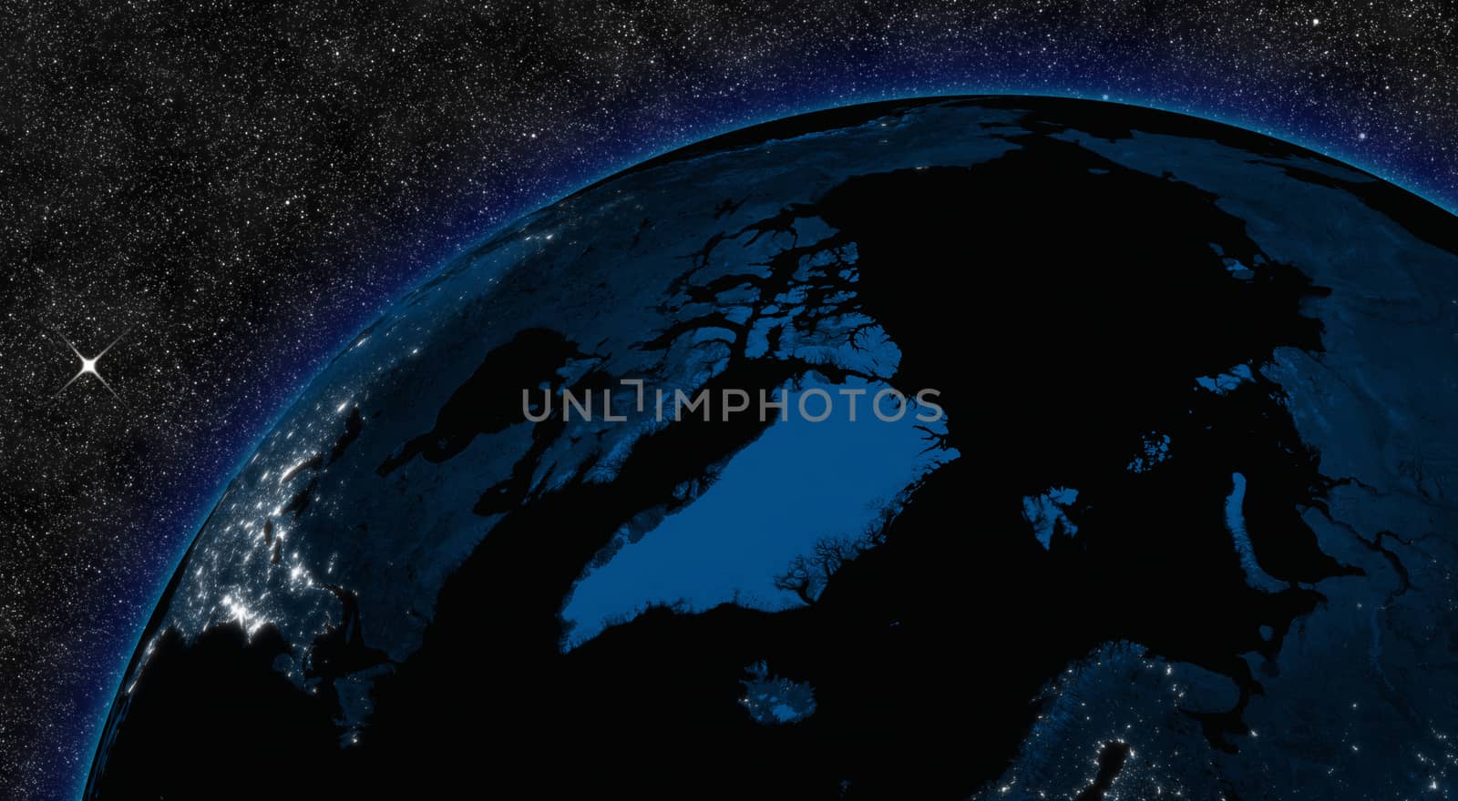 Night in Arctic region with city lights viewed from space. Elements of this image furnished by NASA.