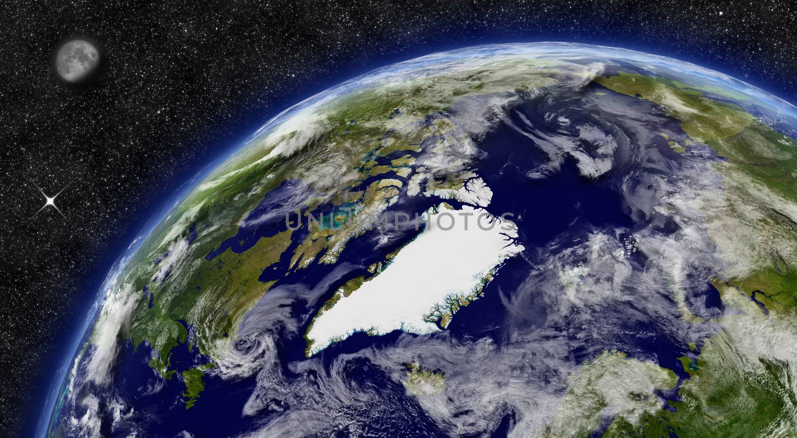 Arctic region on planet Earth from space with Moon and stars in the background. Elements of this image furnished by NASA.