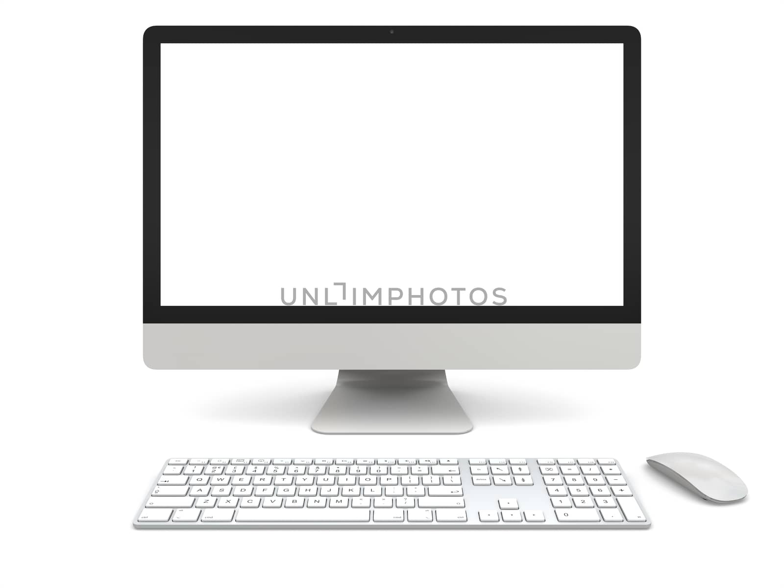 Modern desktop computer with white blank screen isolated on white background