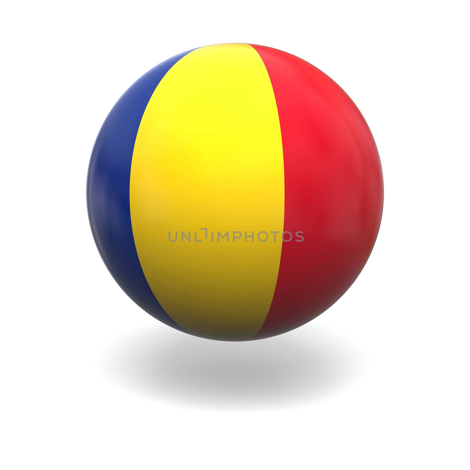 National flag of Romania on sphere isolated on white background