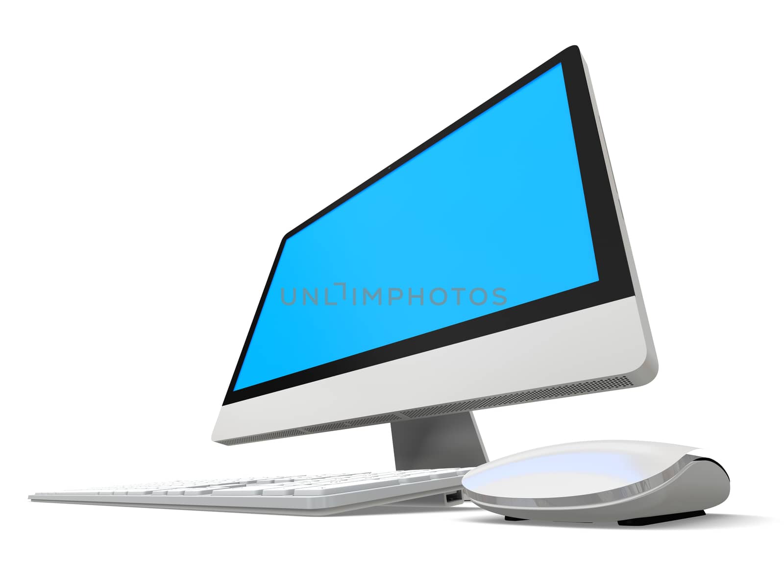 Modern desktop computer with white blank screen isolated on white background