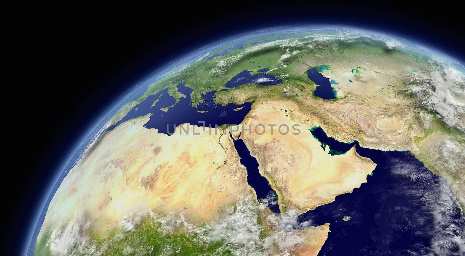 Middle East viewed from space with atmosphere and clouds. Elements of this image furnished by NASA.