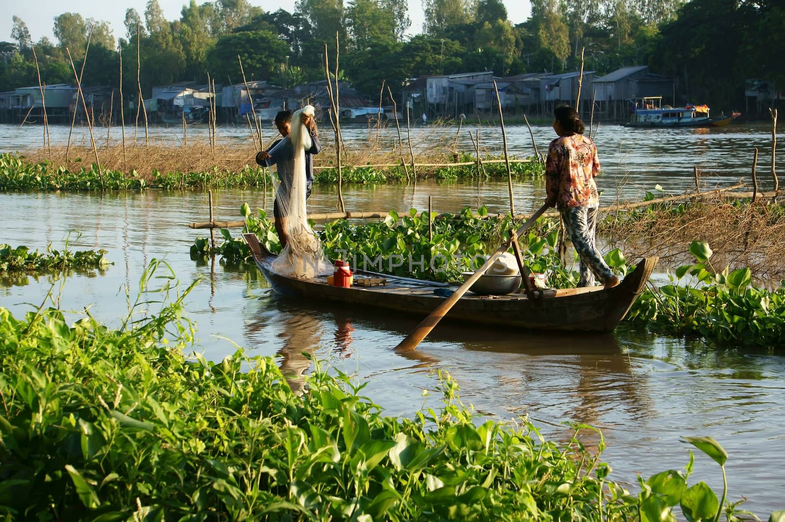 DONG THAP, VIET NAM- NOVEMBER 12: Couple of fisherman catch fish on river in flood season, the woman rowing the row boat, the man do fishing, river cover by water hyacinth in Viet Nam on Nov 12, 2013