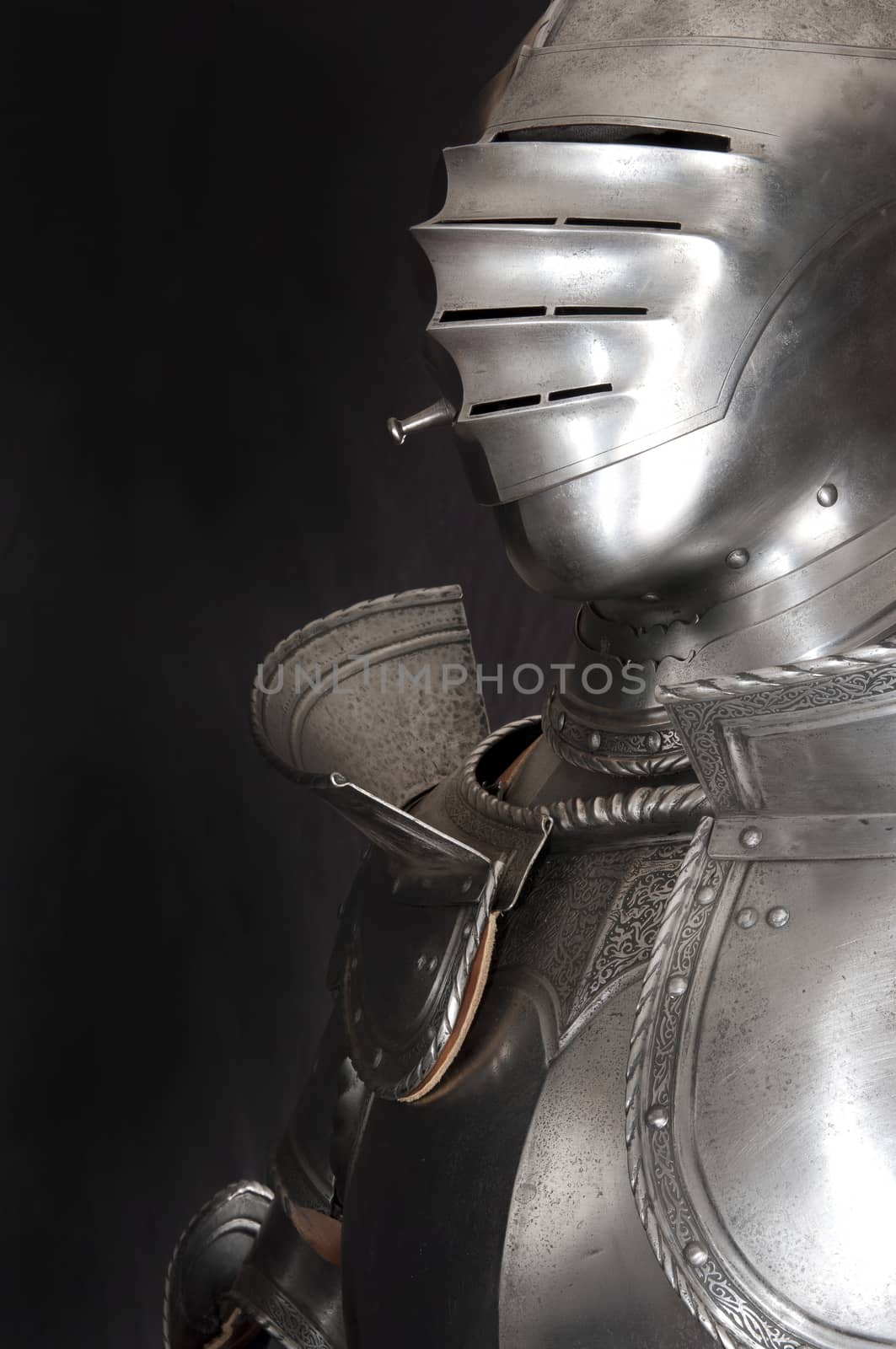 Armour of the medieval knight. Metal protection of the soldier against the weapon of the opponent