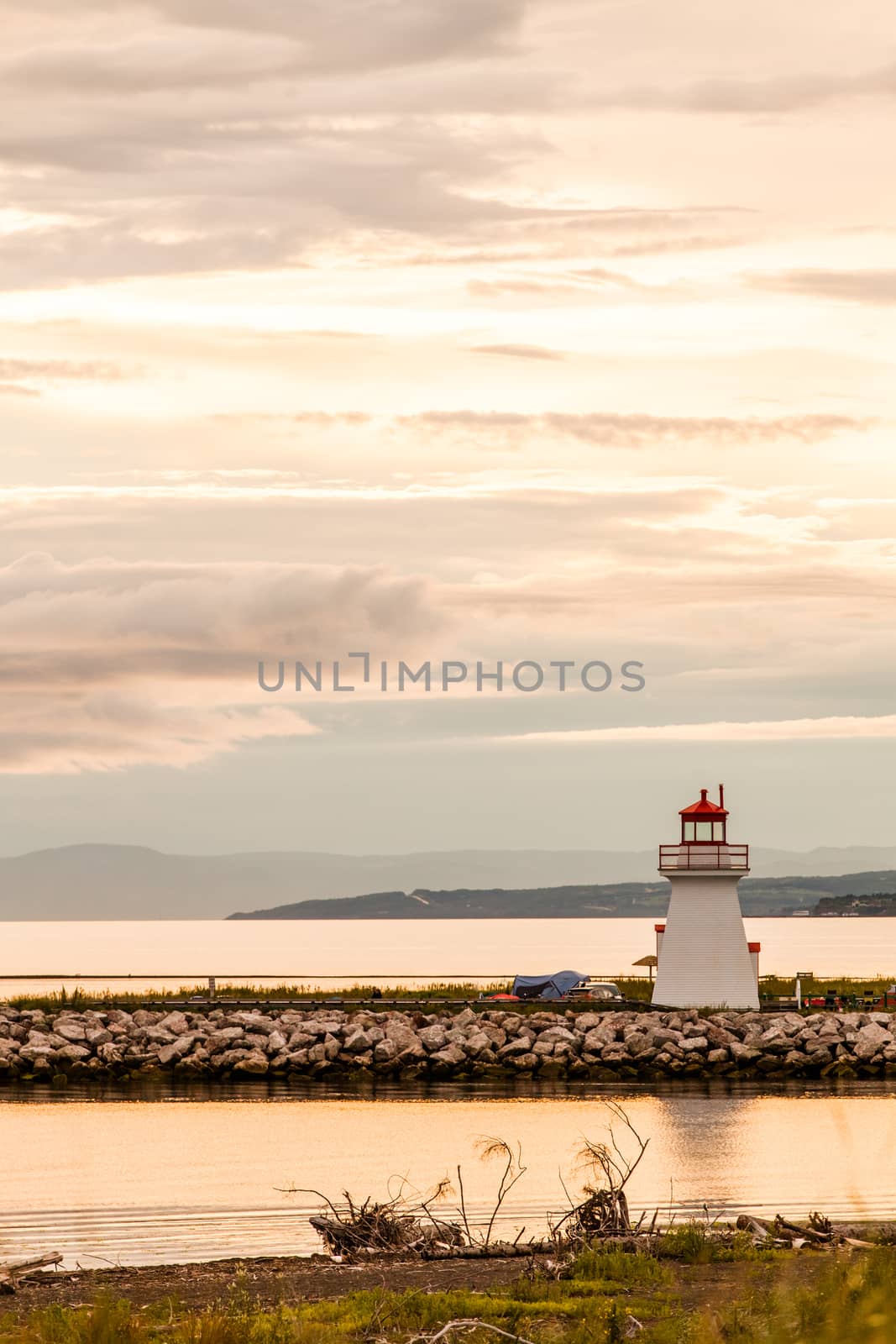 Backlit Lighthouse in Gaspe Peninsula, New Richmond, Quebec, Canada