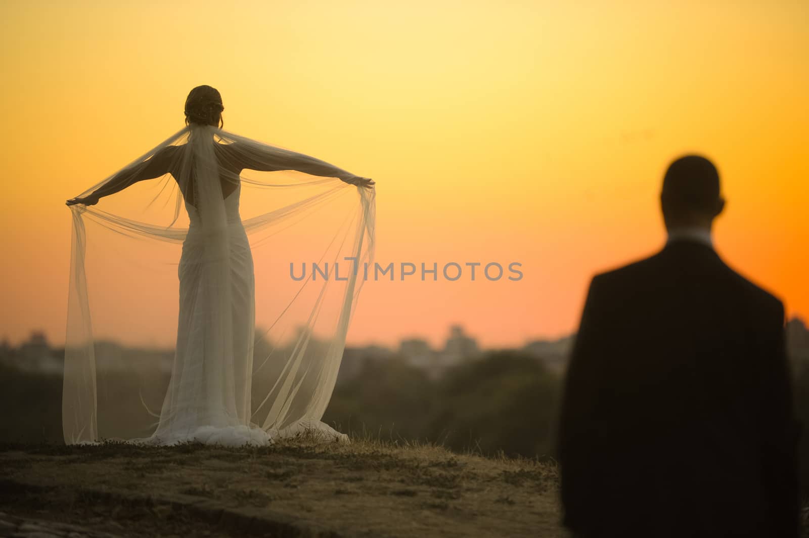bride in a wedding dress on a beautiful sunset and the groom by nemar74