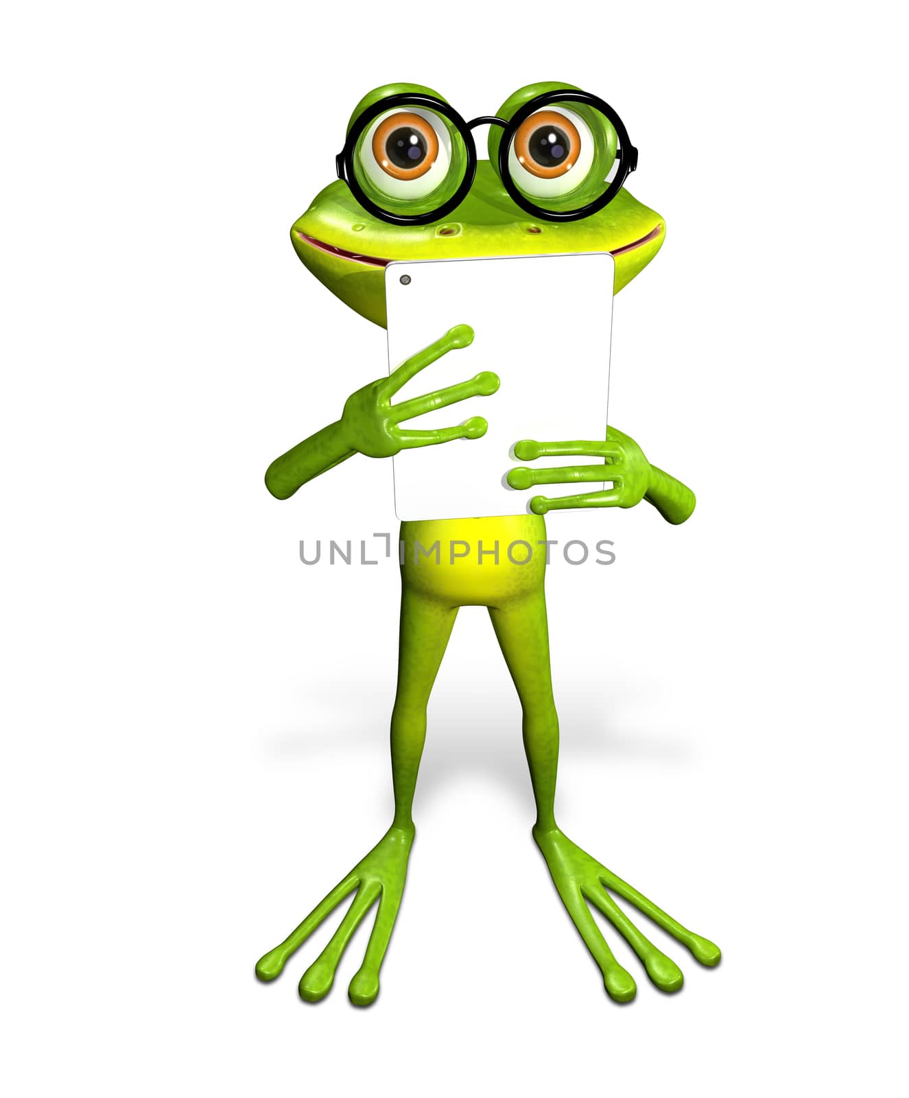 3d illustration merry green frog with a tablet