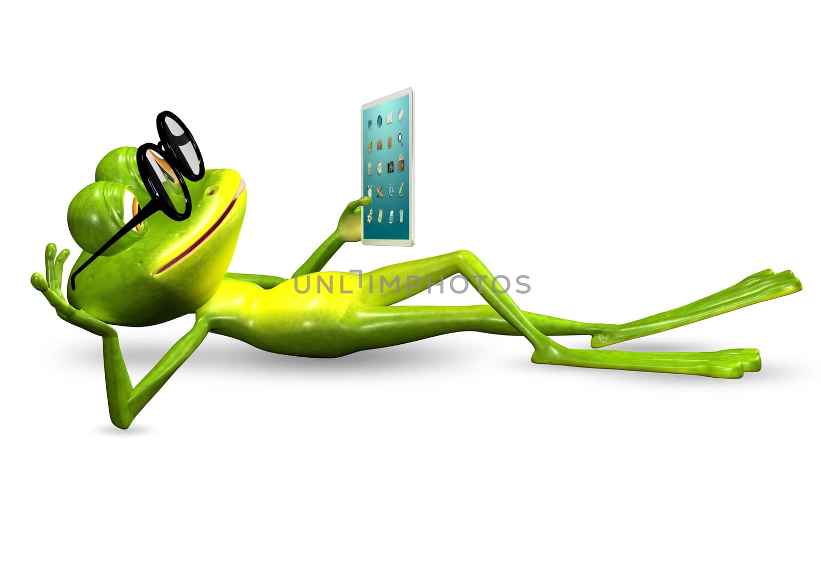 3d illustration merry green frog with a tablet