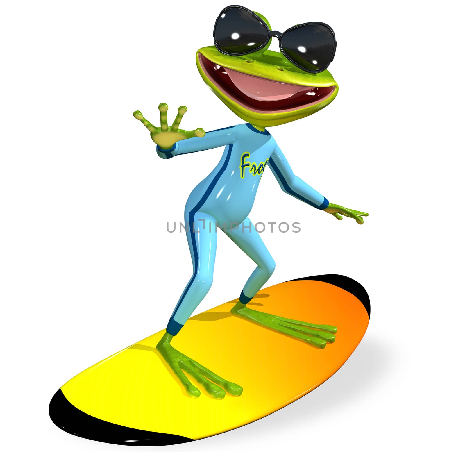 green frog on a surfboard by brux