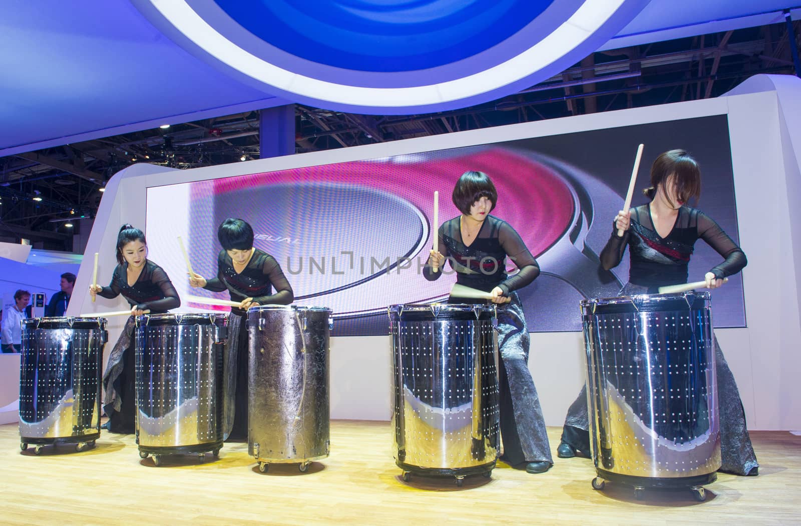 LAS VEGAS - JANUARY 10 : Group of drummers at the CES show held in Las Vegas on January 10 2014 , CES is the world's leading consumer-electronics show 