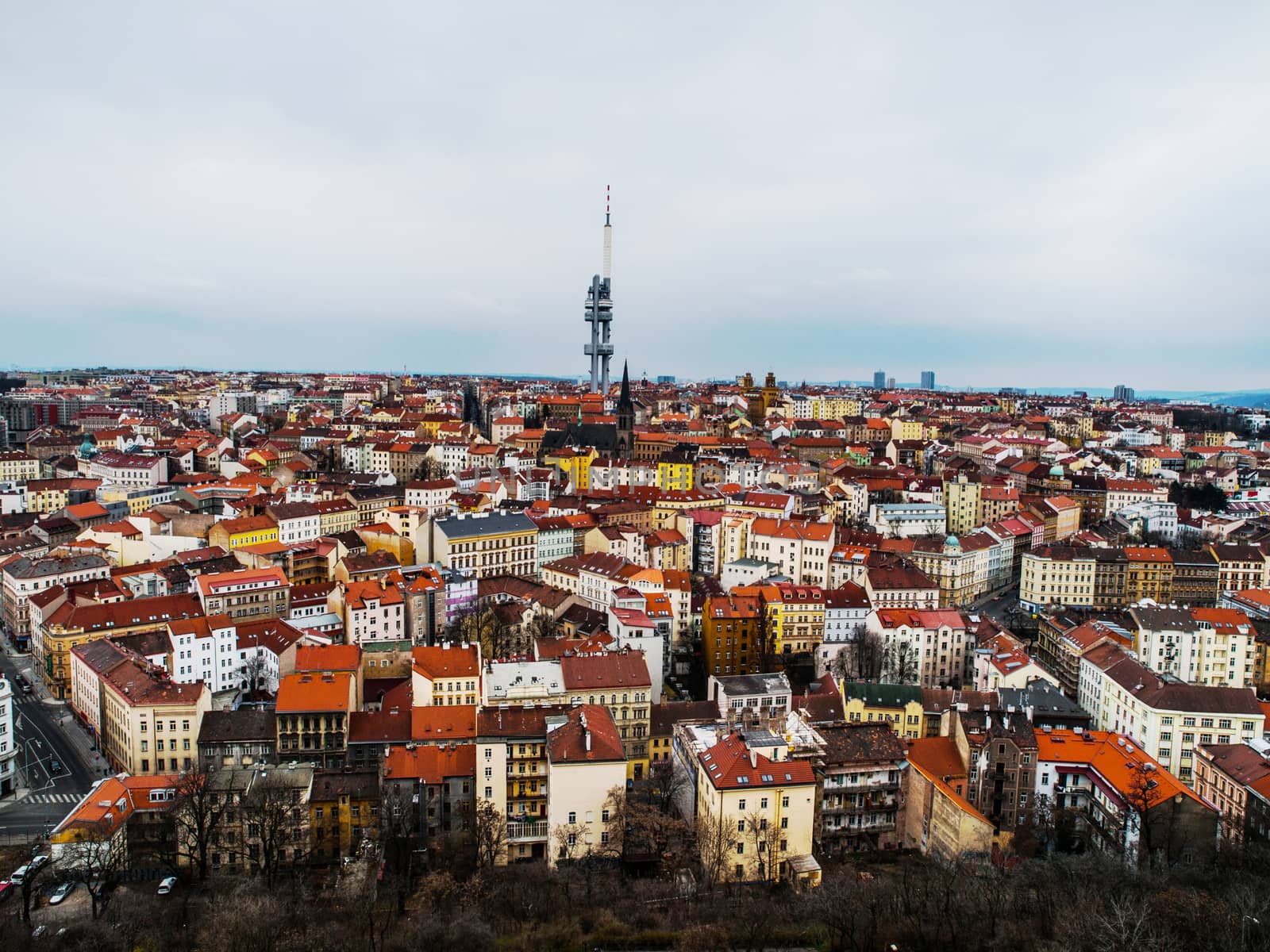 Zizkov rooftops and Zizkov tower in Prague