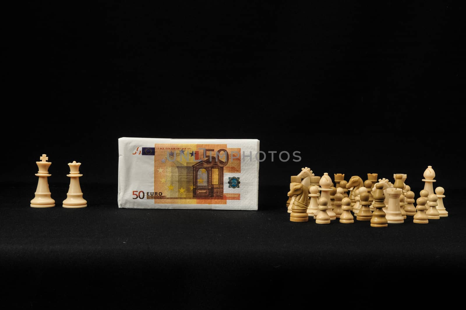 Money Strategy Concept White Chess and Currency on a Black Background