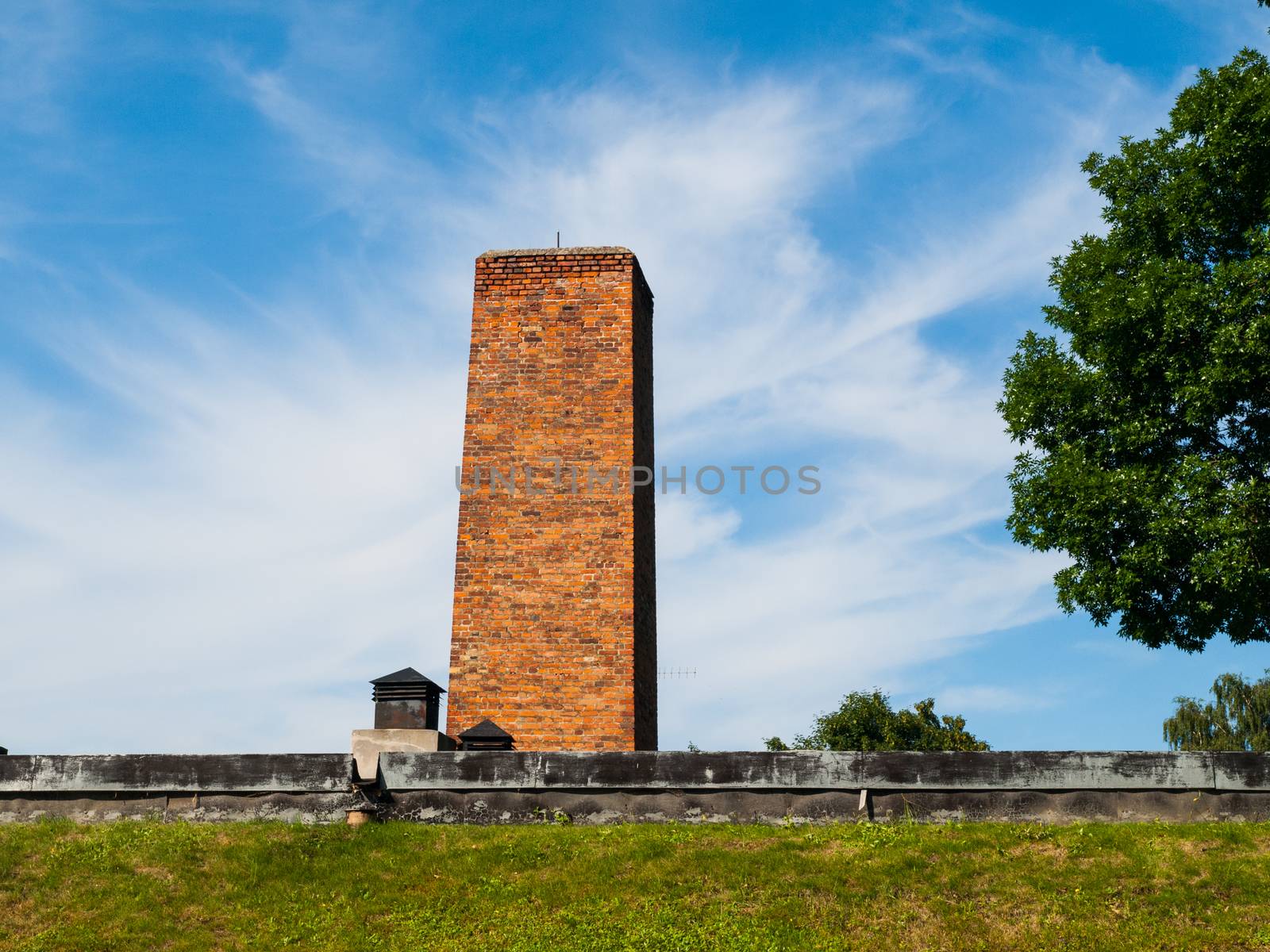 Crematorium chimney in Auschwitz concentration camp (Poland)