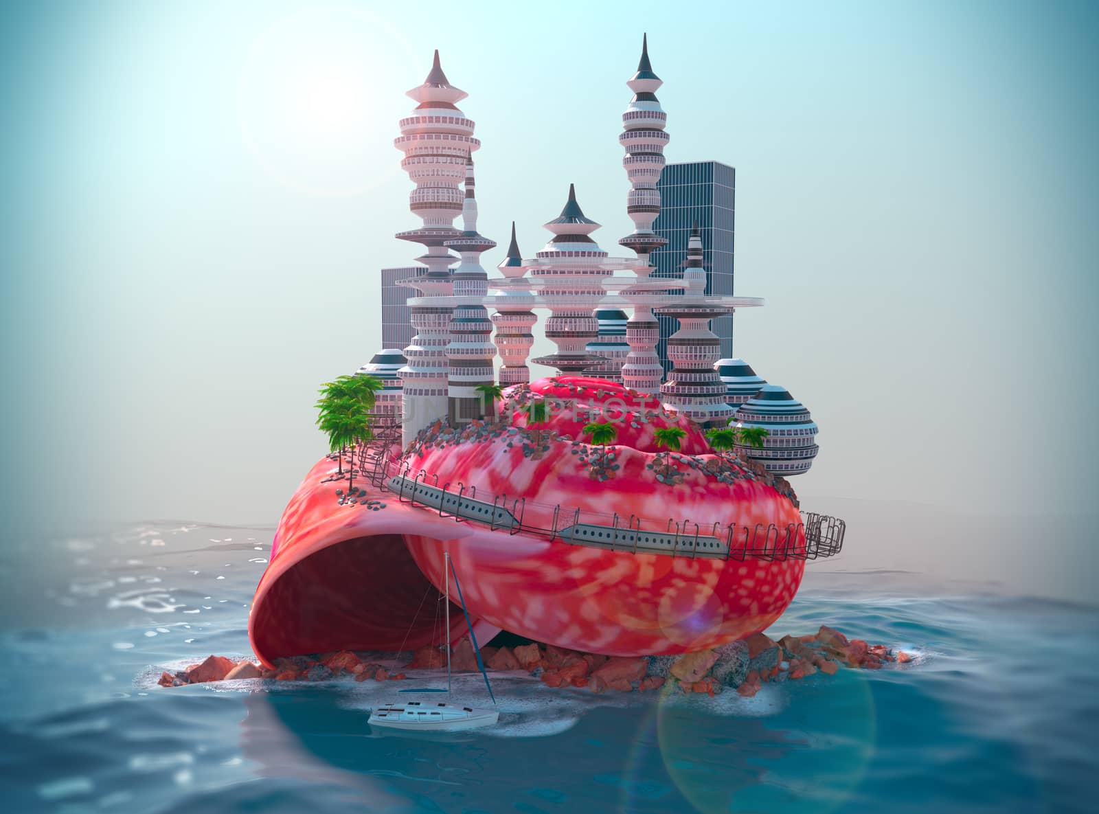 relaxing vacation concept background with seashell and ecologic futuristic city by denisgo
