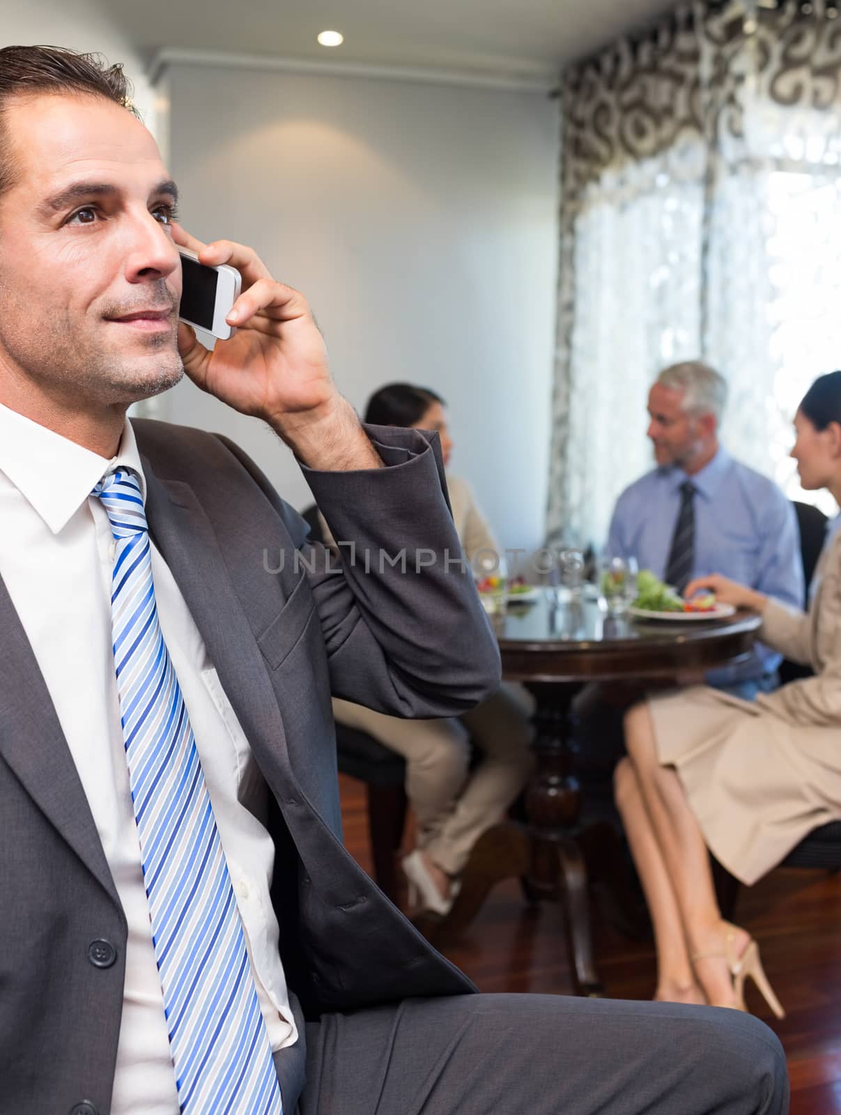 Businessman using cellphone with colleagues having meal by Wavebreakmedia