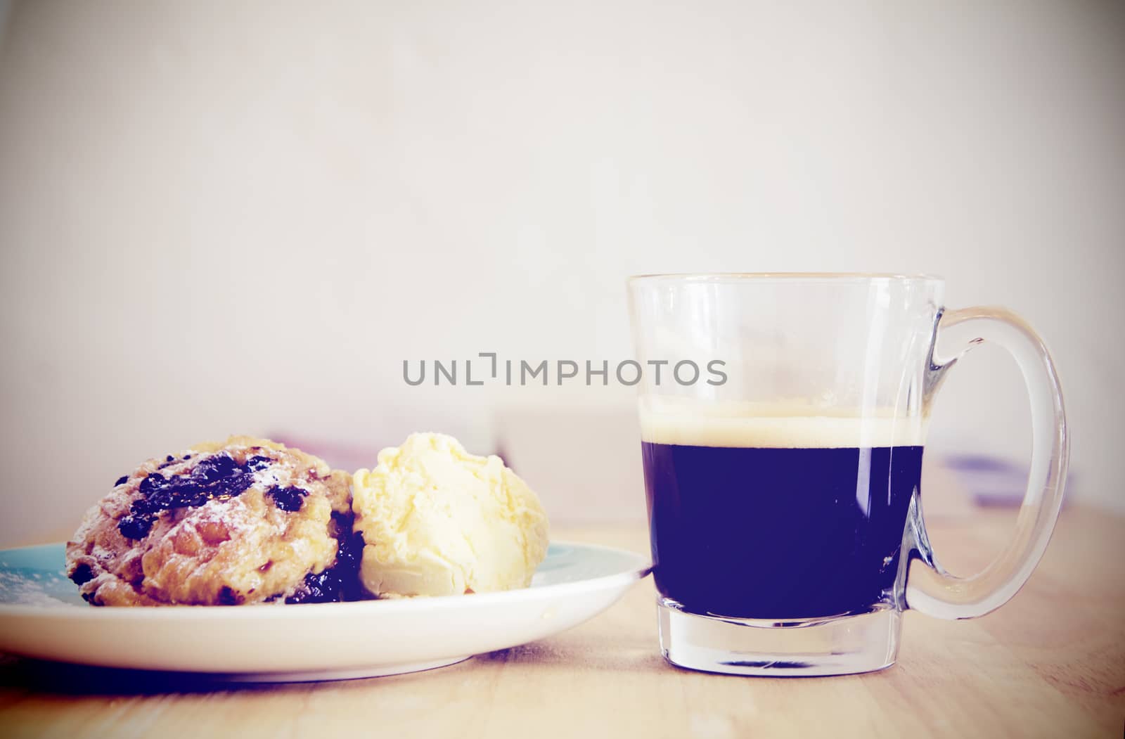 Breakfast with cup of black coffee on wood 