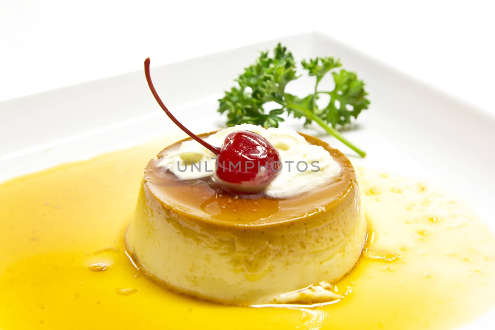 Caramel Custard, Custard Pudding with cherry on top by wyoosumran