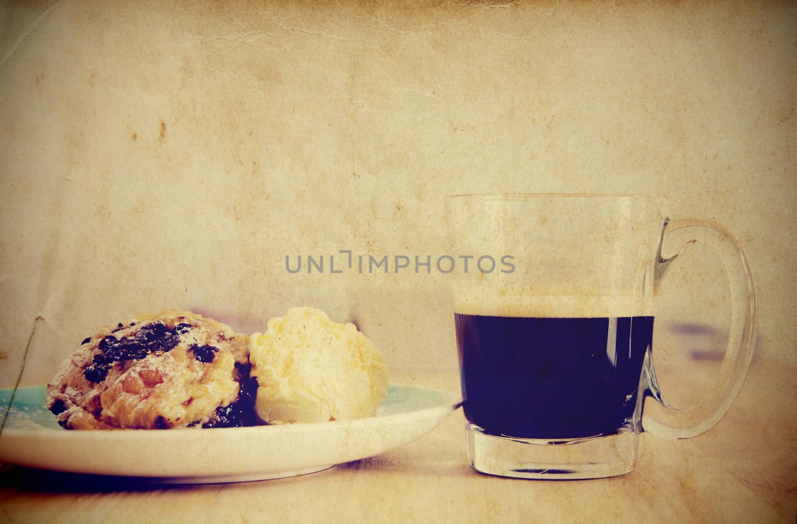 Vintage breakfast with cup of black coffee on wood, grunge paper style