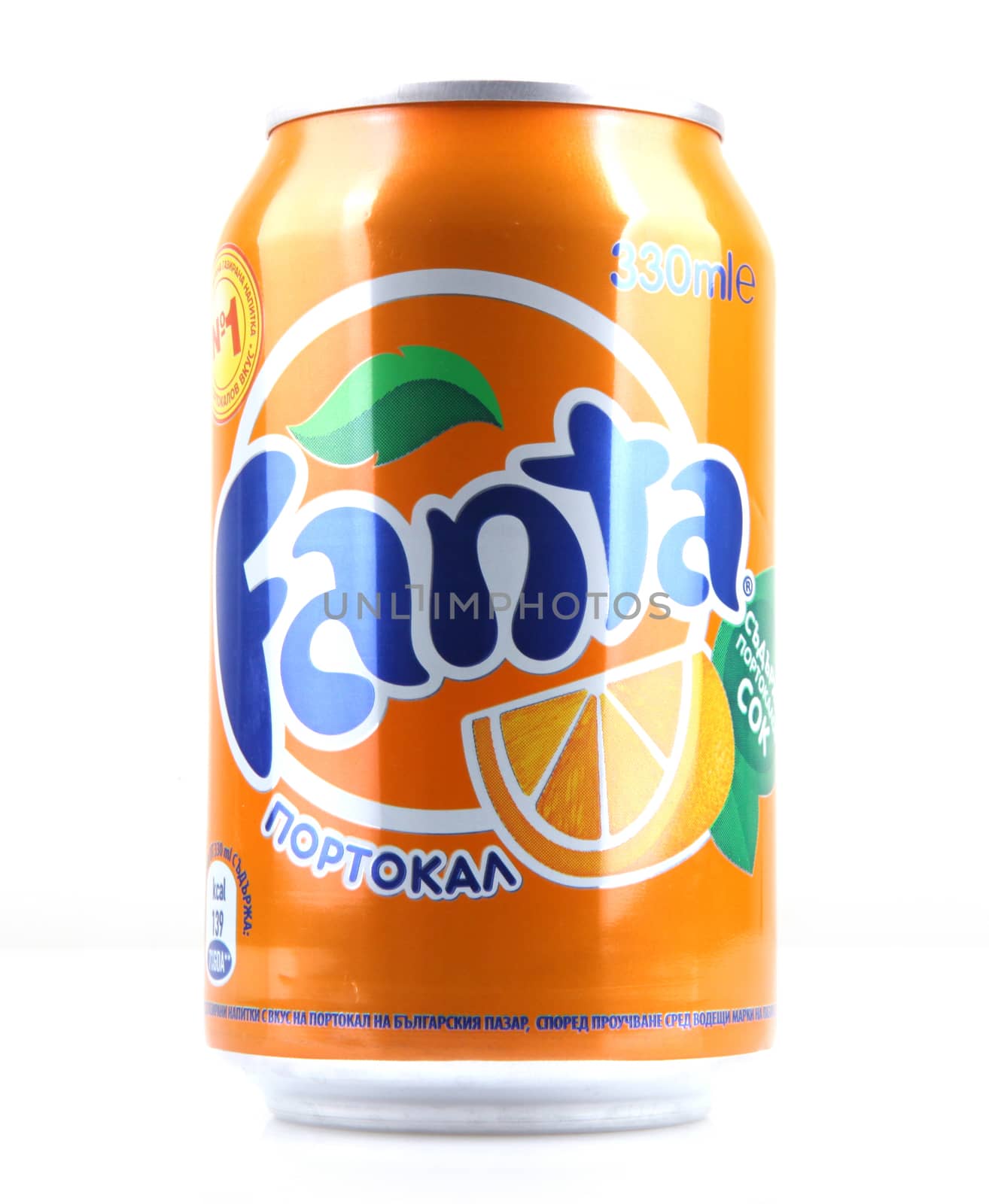 AYTOS, BULGARIA - MARCH 14, 2014: Fanta can isolated on white background. Fanta is a carbonated soft drink sold in stores, restaurants, and vending machines throughout the world.