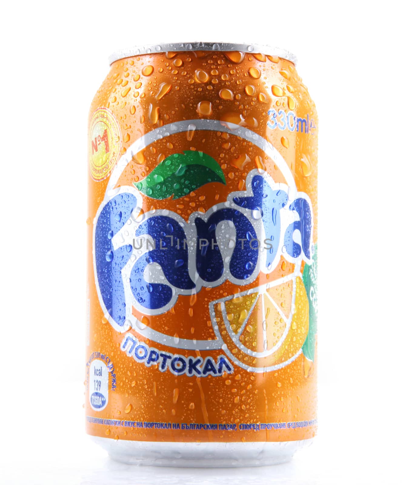 AYTOS, BULGARIA - MARCH 14, 2014: Fanta can isolated on white background. Fanta is a carbonated soft drink sold in stores, restaurants, and vending machines throughout the world.