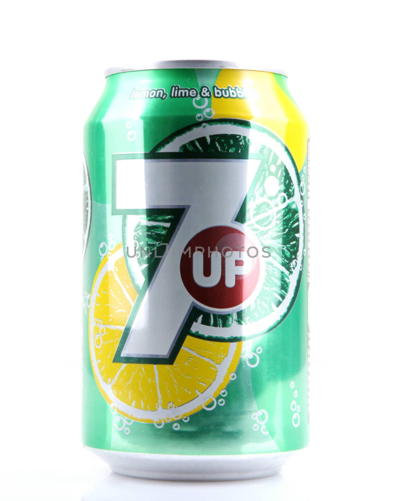 AYTOS, BULGARIA - MARCH 14, 2014: 7 Up isolated on white background. 7 Up is a brand of lemon-lime flavored, non-caffeinated soft drink.