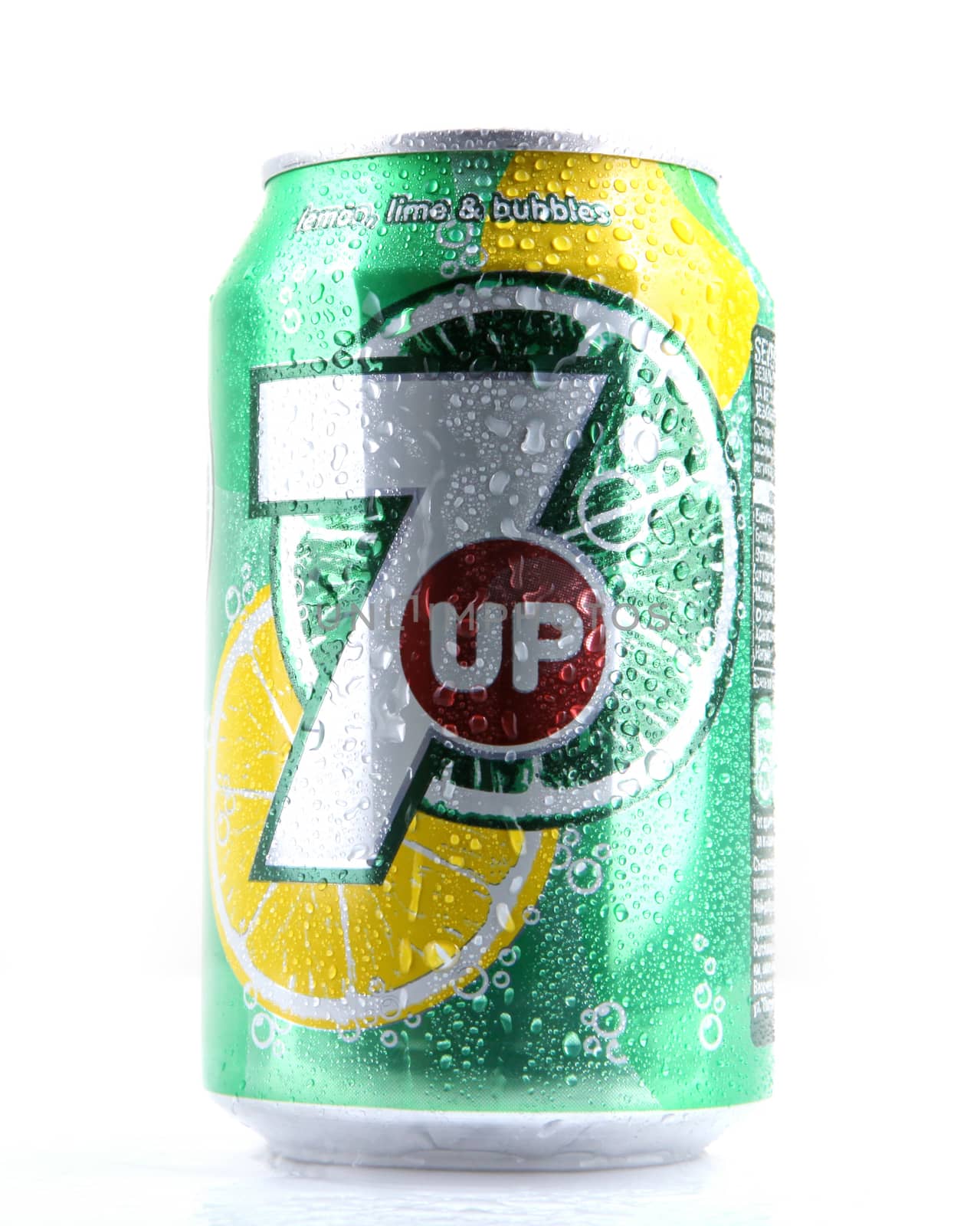 AYTOS, BULGARIA - MARCH 14, 2014: 7 Up isolated on white background. 7 Up is a brand of lemon-lime flavored, non-caffeinated soft drink.