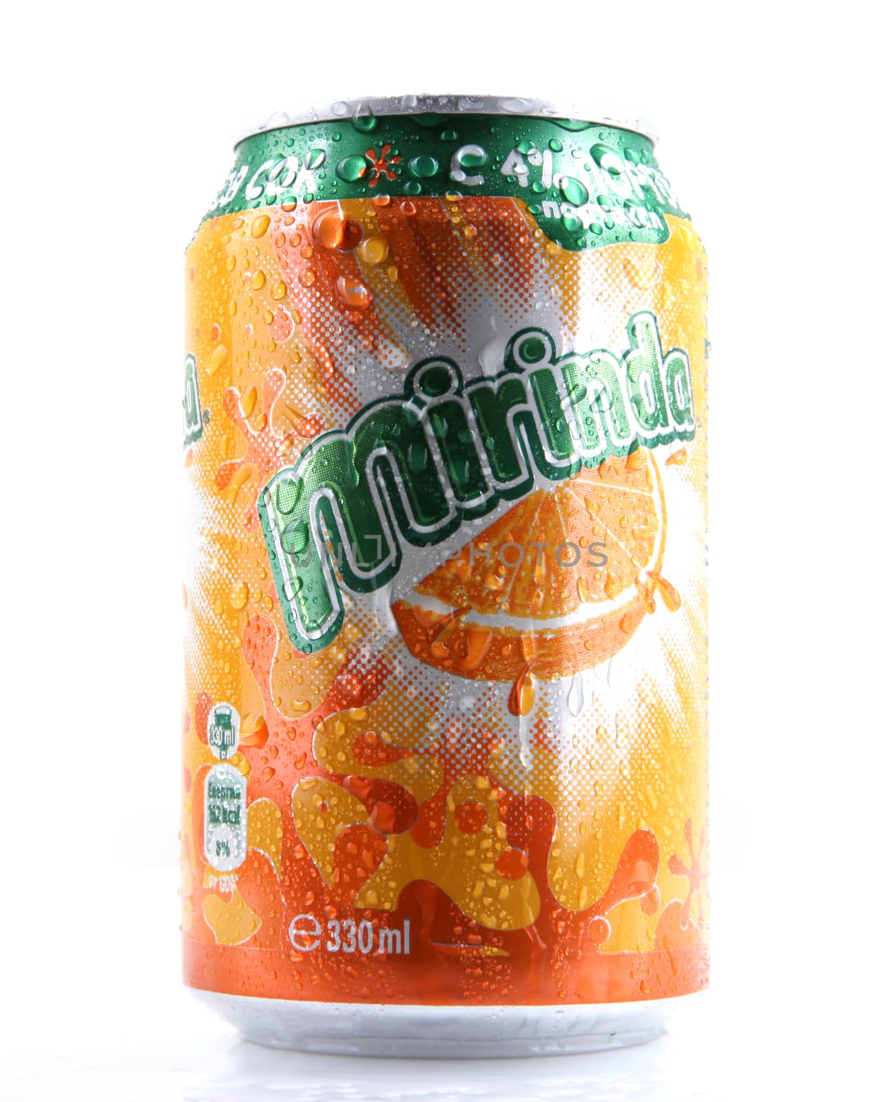 AYTOS, BULGARIA - MARCH 14, 2014: Mirinda isolated on white background. Mirinda is a brand of soft drink originally created in Spain, with global distribution.