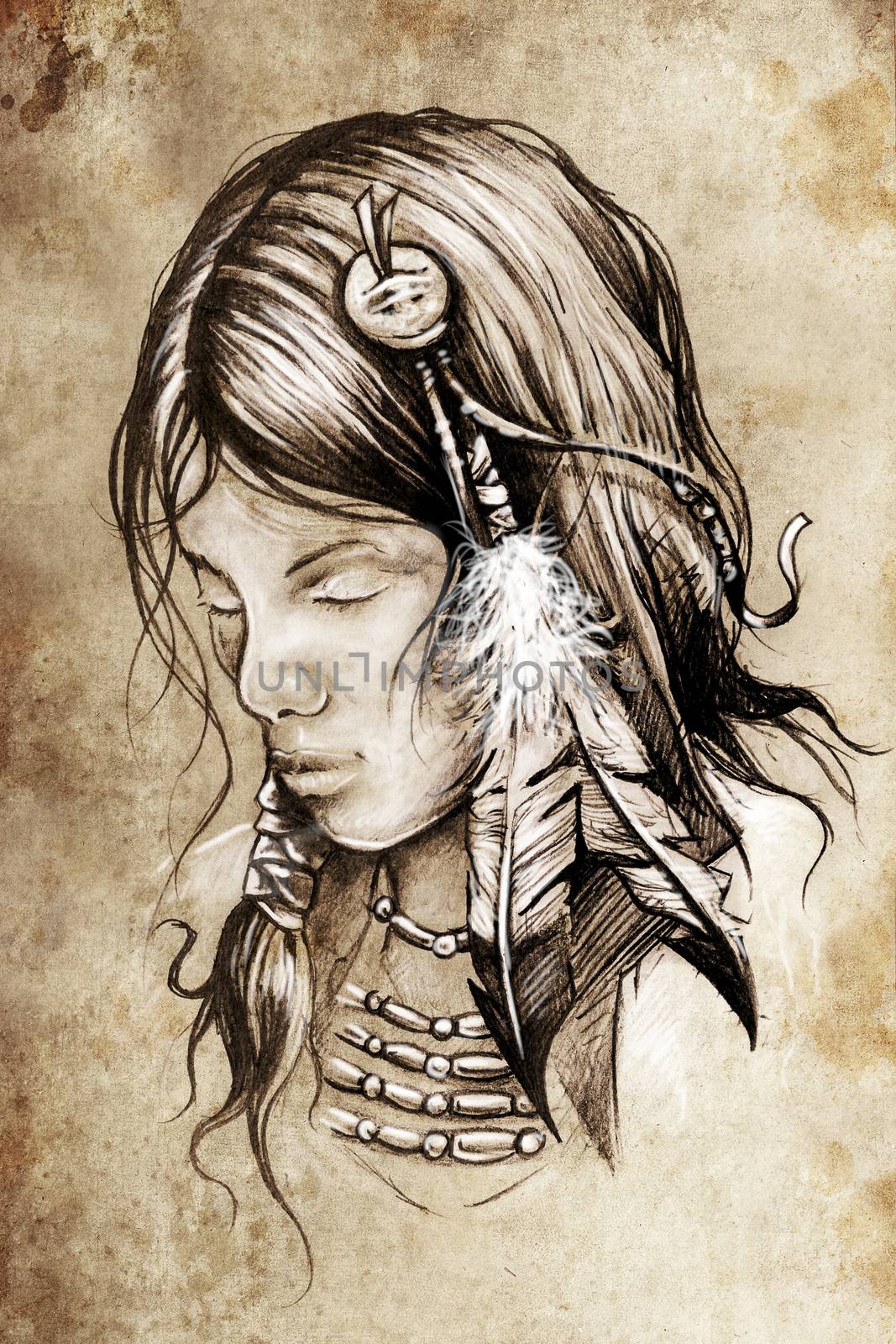 American indian woman, Tattoo sketch, handmade design over vinta by FernandoCortes