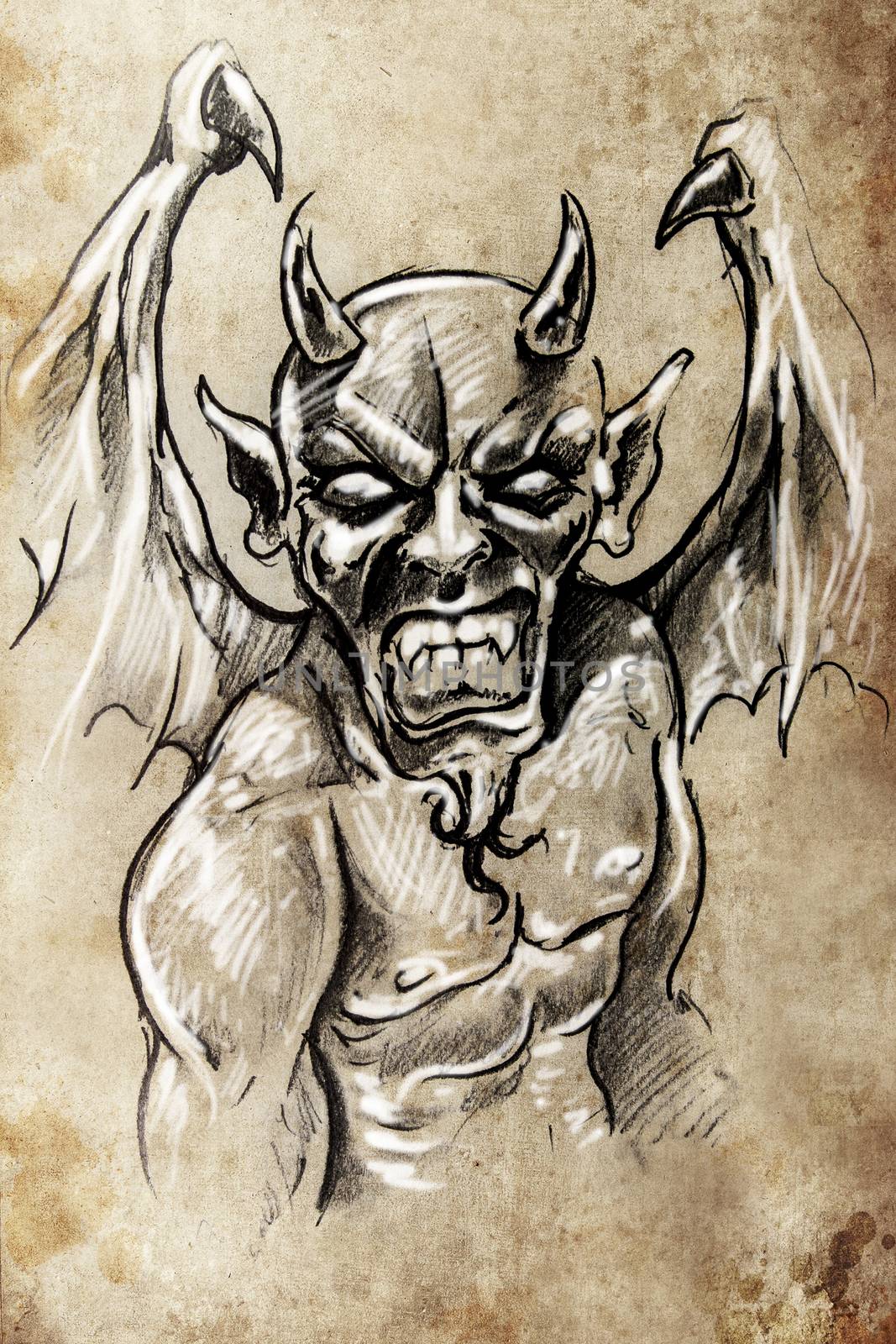 Devil, Tattoo sketch, handmade design over vintage paper by FernandoCortes