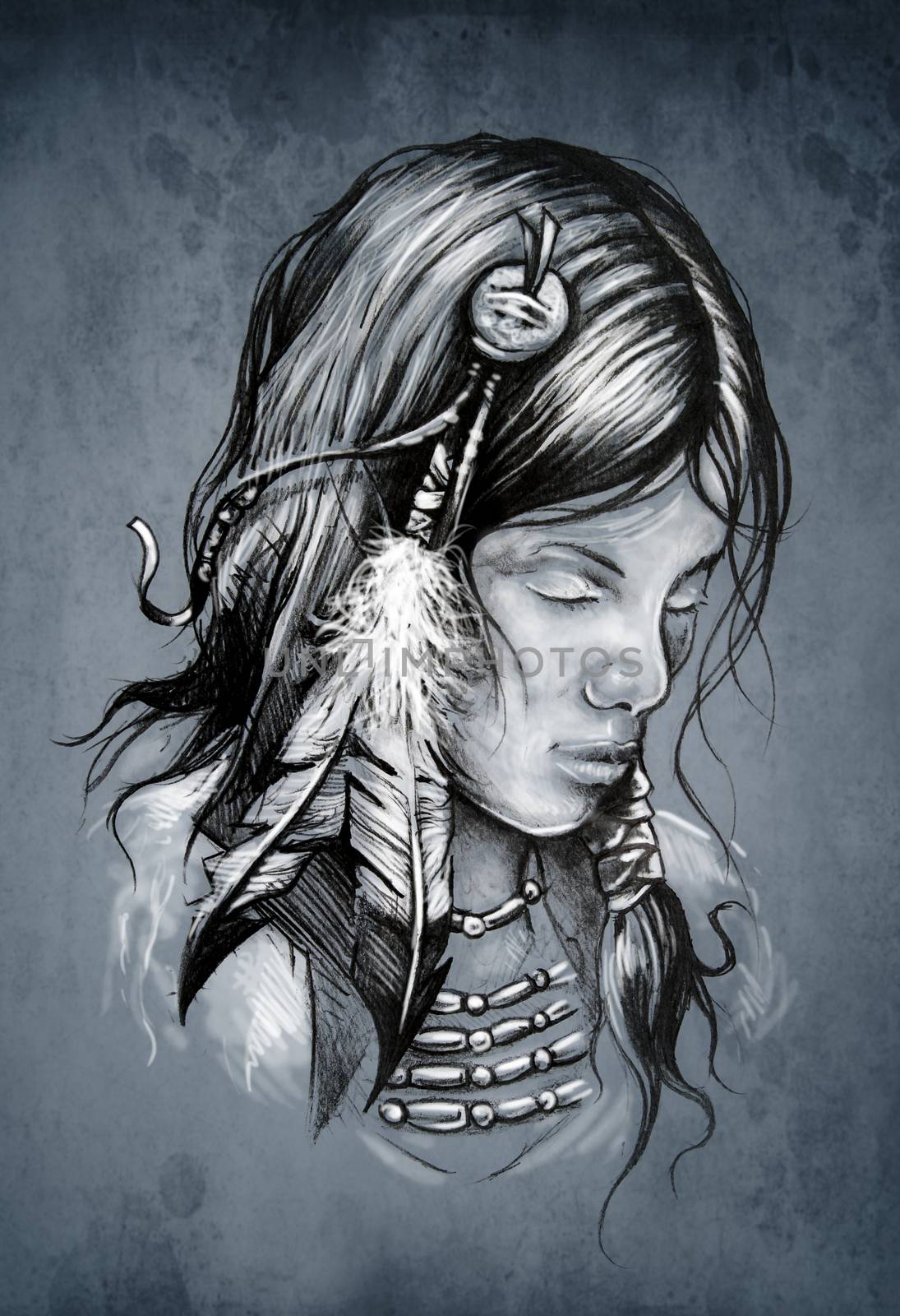 American indian woman, Tattoo sketch, handmade design over vinta by FernandoCortes