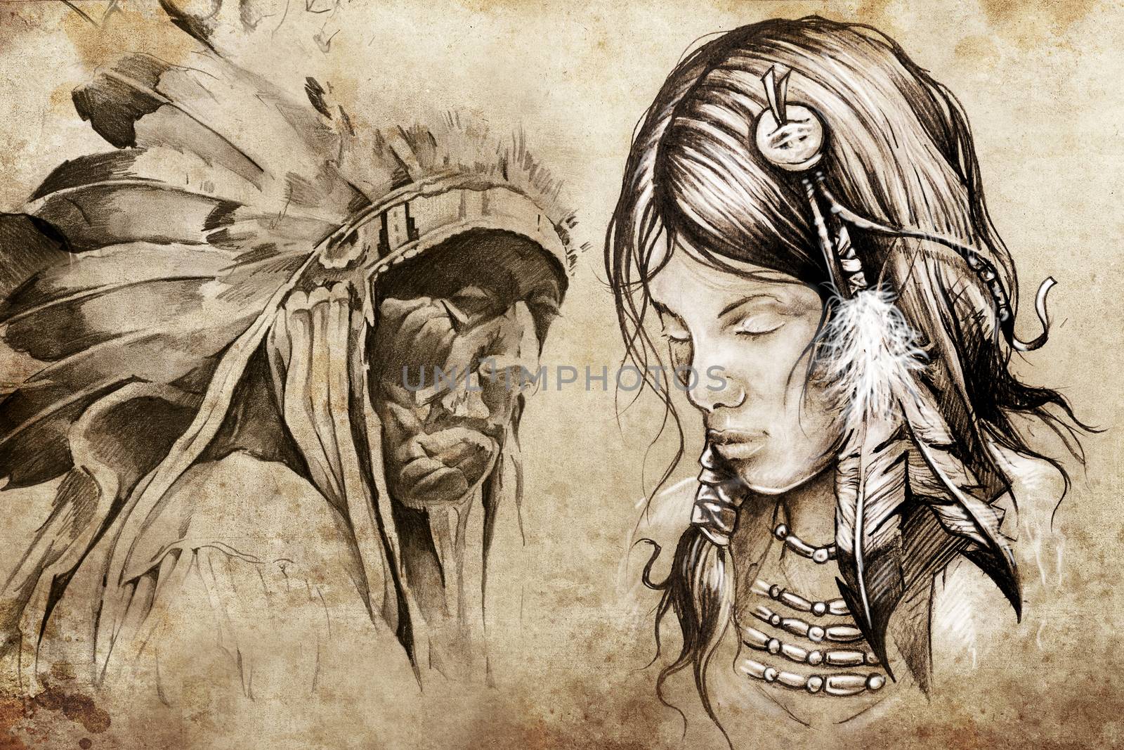 American indian woman, Tattoo sketch, handmade design over vinta by FernandoCortes