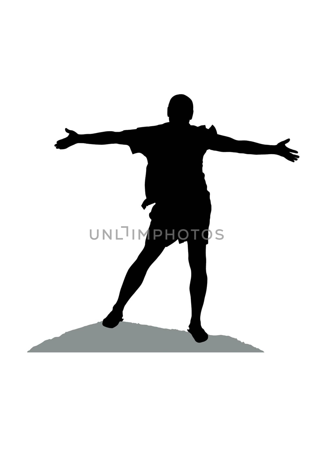 Silhouette of a man on a mountain top, isolated on white background.