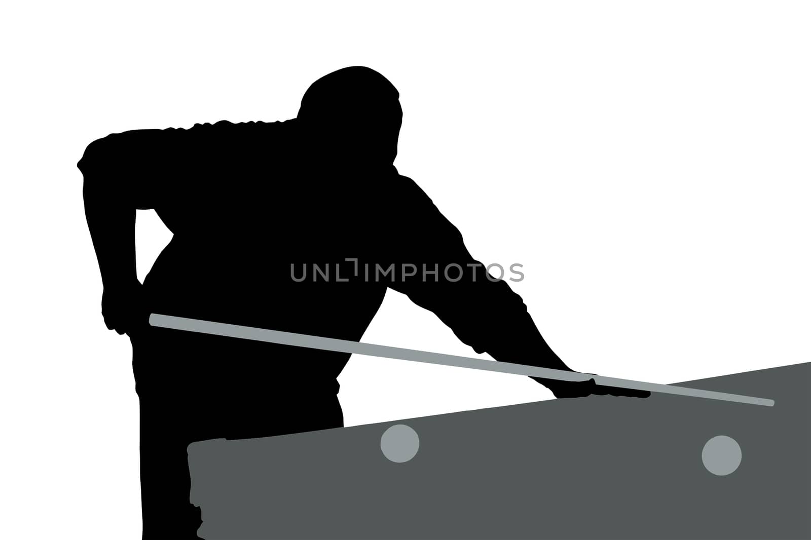 Silhouette of man with cue at a billiard table, isolated on white background.