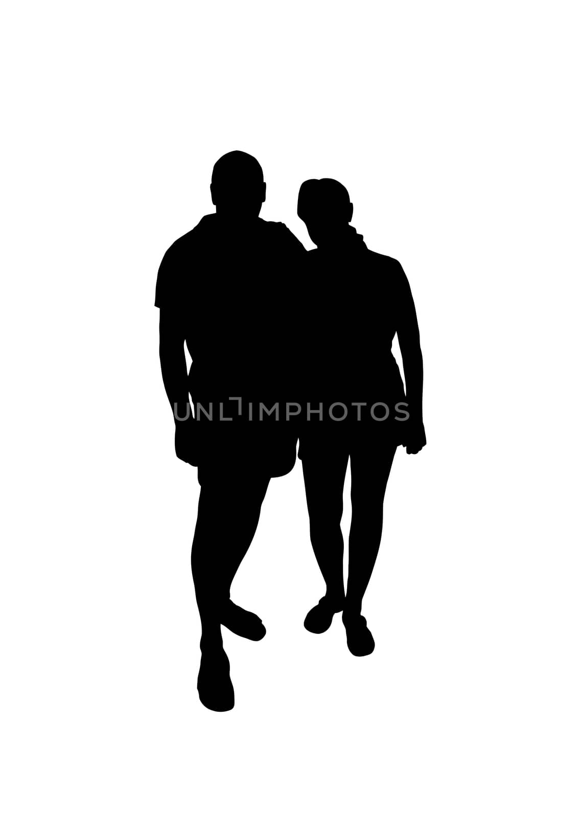 Silhouettes of men and women standing together, isolated on white background.