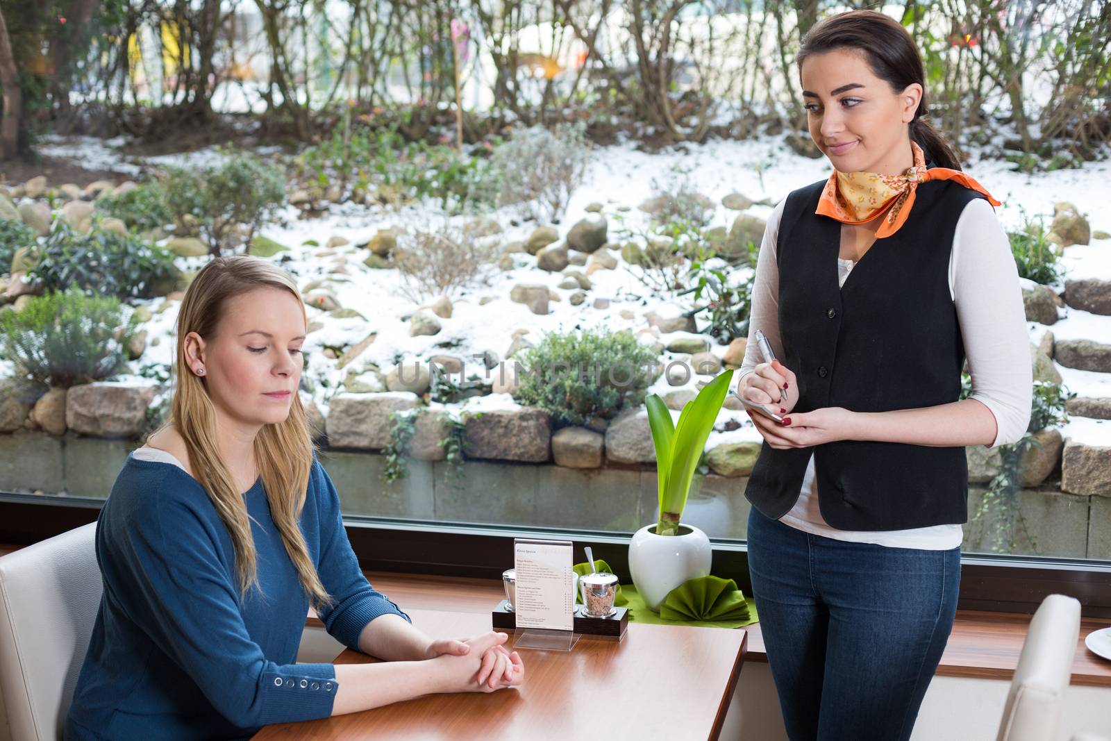 unsatisfied customer in restaurant or cafe with impatient waitress