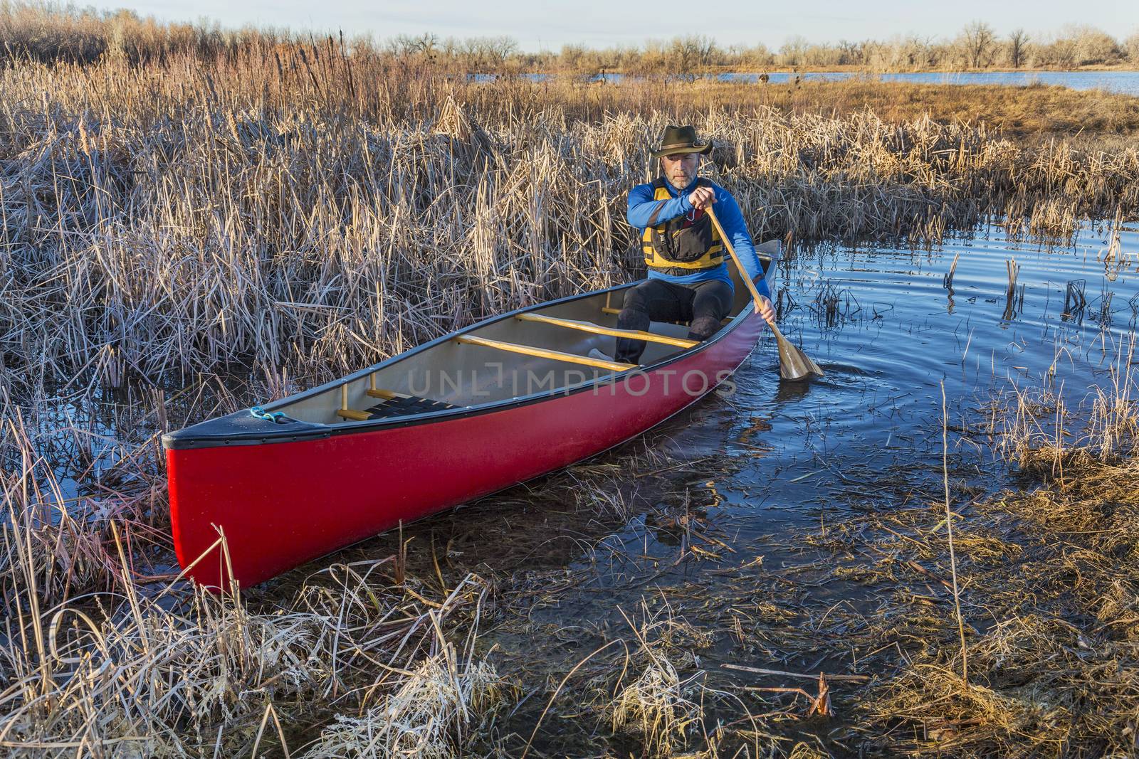 senior male paddling a red canoe through a swamp, early spring