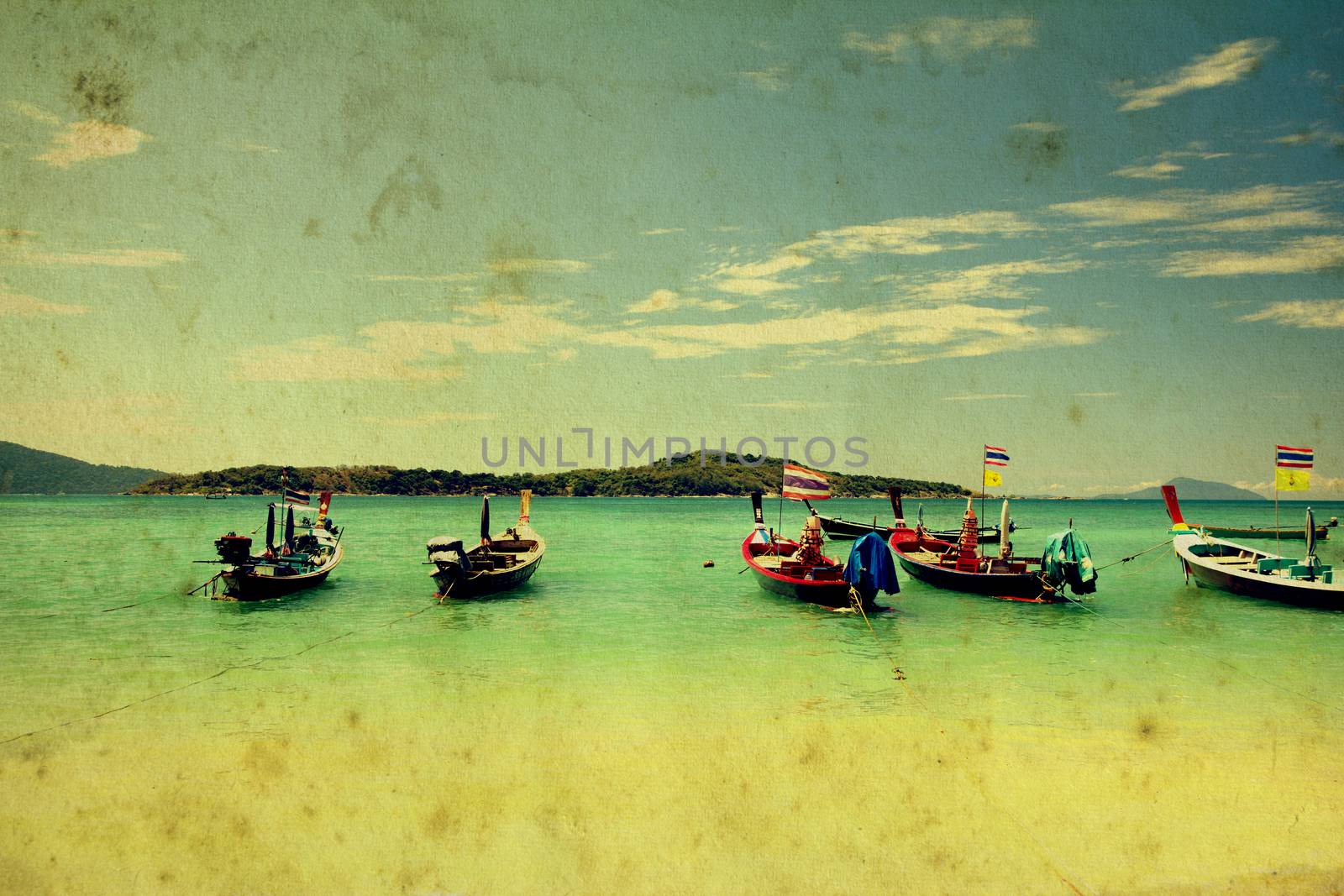 Vintage style, Tropical beach and Long Tail Boats, Phuket South of Thailand
