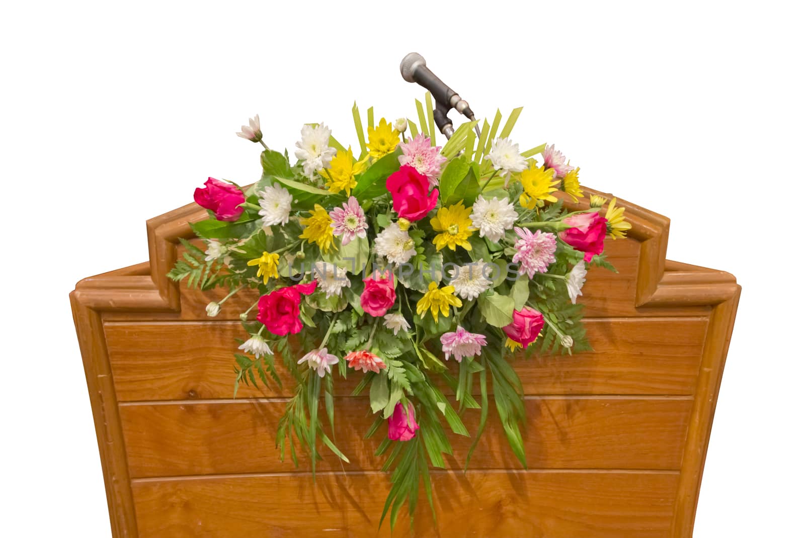 podium with floqwers over white, clipping path