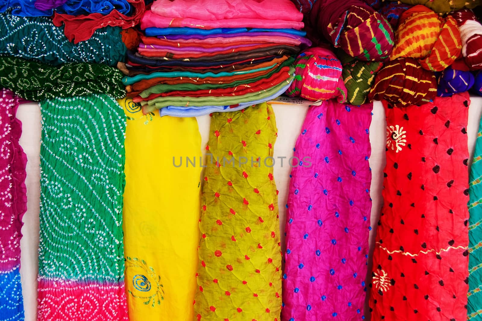 Display of colorful scarves, Mehrangarh Fort, Jodhpur, Rajasthan, India