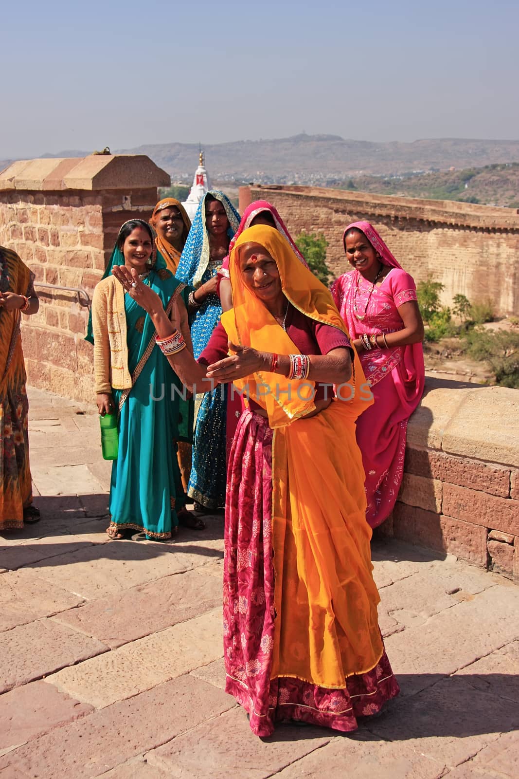 Indian women standing at Mehrangarh Fort, Jodhpur, Rajasthan, India