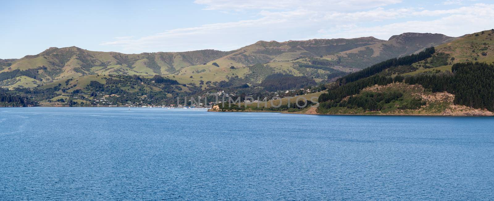 Panoramic view of the coastline around Akaroa harbour near Christchurch on South Island of New Zealand