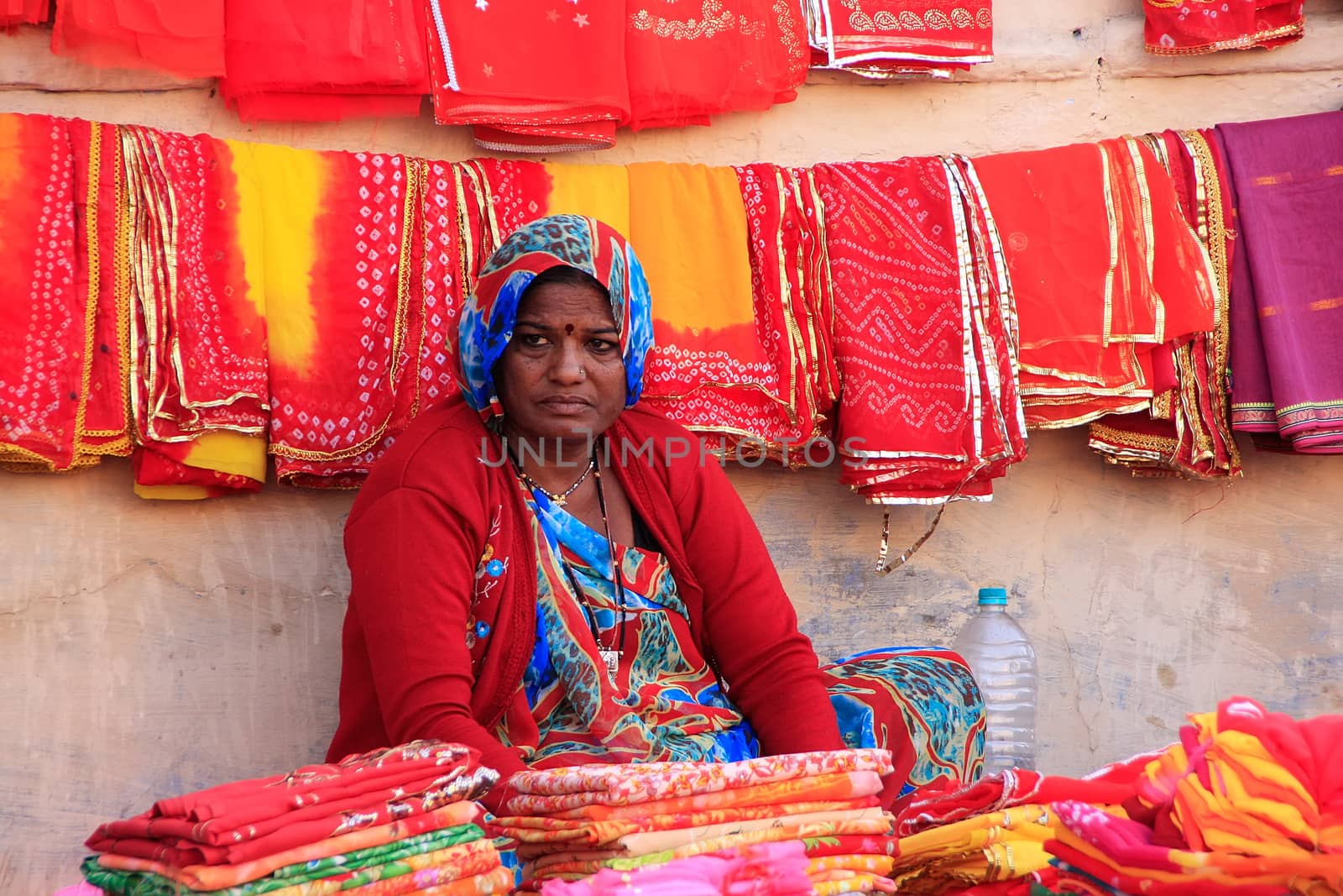 Indian woman selling cloth, Sadar Market, Jodhpur, India by donya_nedomam