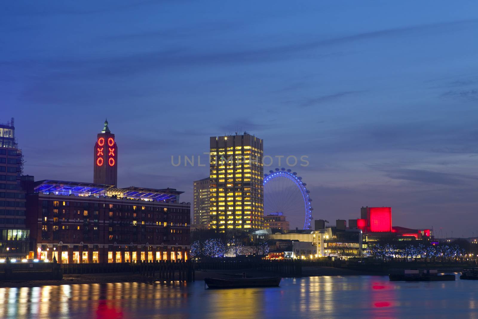 View of the River Thames with the Oxo Tower, London Eye and the Royal Festival Hall.