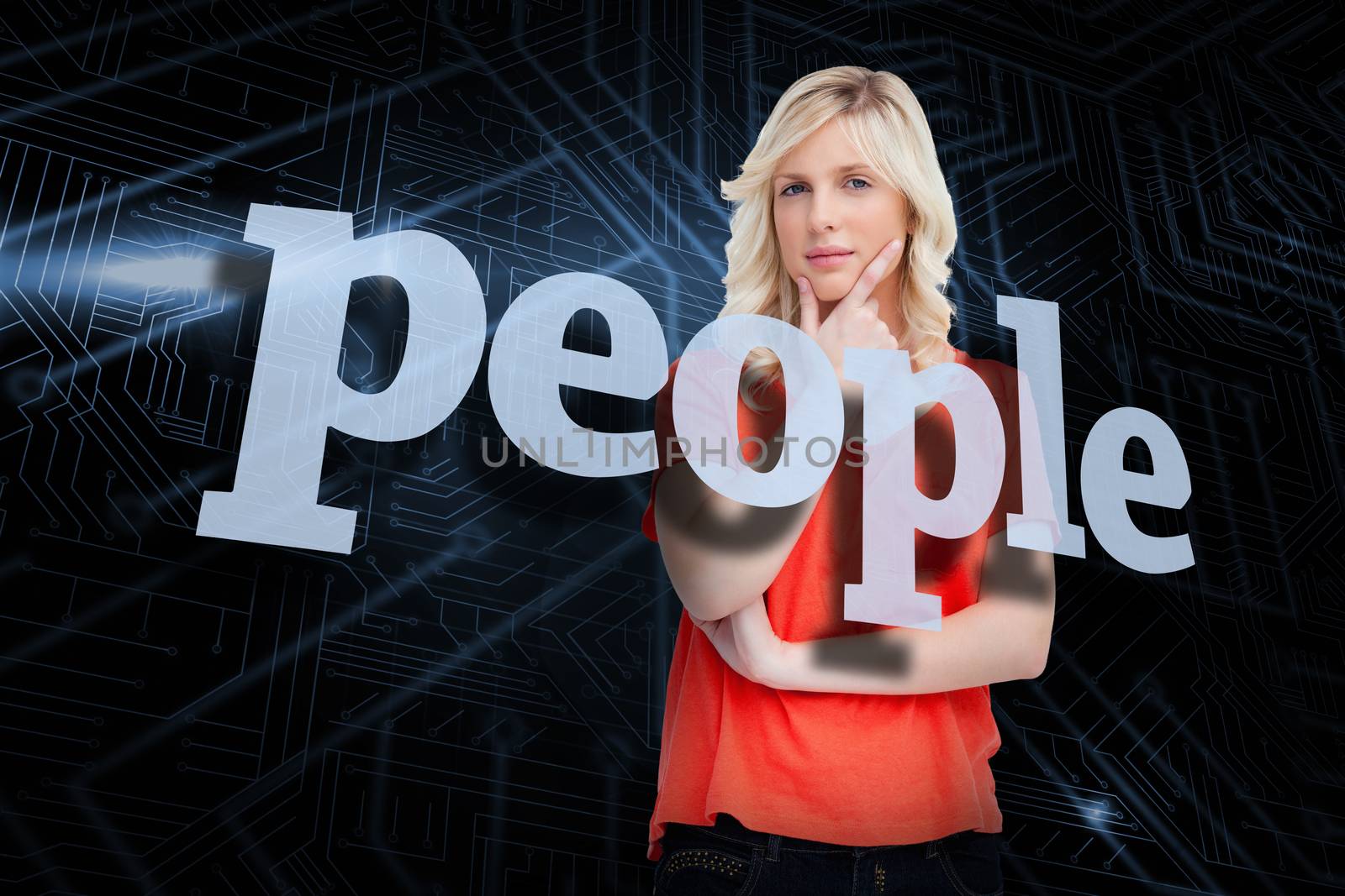 The word people and teenager standing upright thoughtfully with her fingers on her chin against futuristic black and blue background