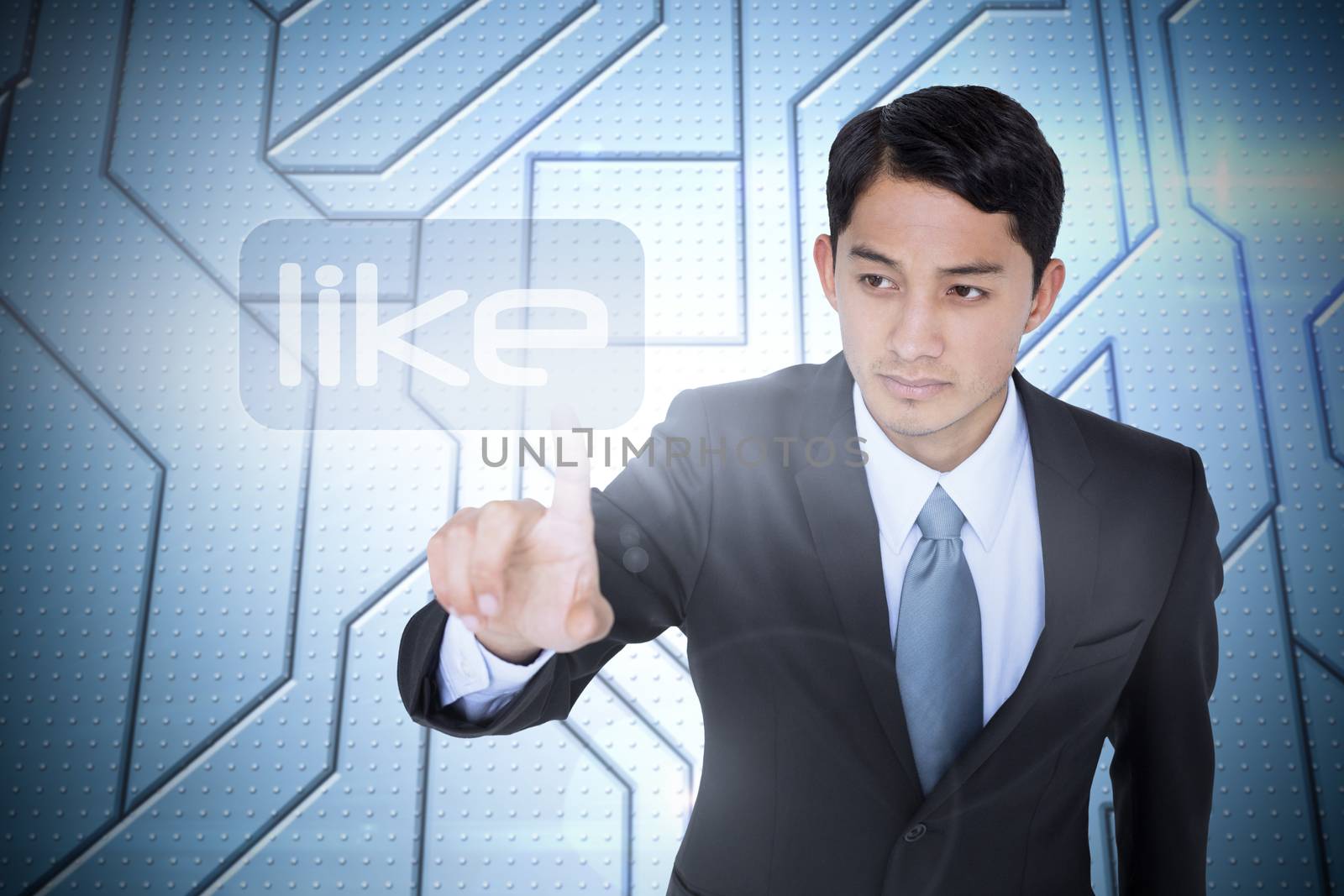 The word like and unsmiling asian businessman pointing against circuit board on futuristic background