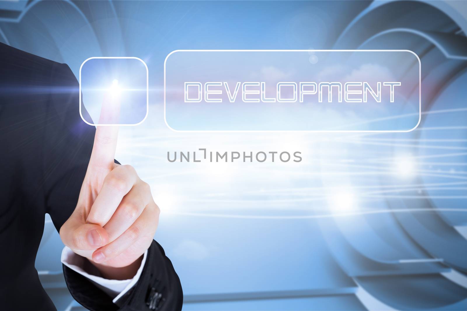 Businesswomans finger touching development button against abstract white cloud design