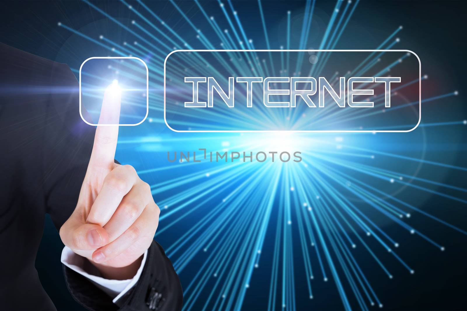 Businesswomans finger touching internet button against abstract technology background